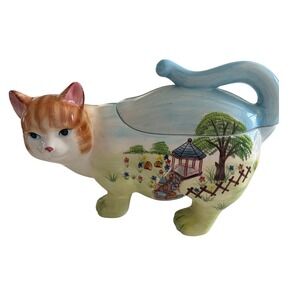 WCL Ceramic Cat Cookie Jar Hand Painted Pastoral Scene Ginger Tabby Tureen